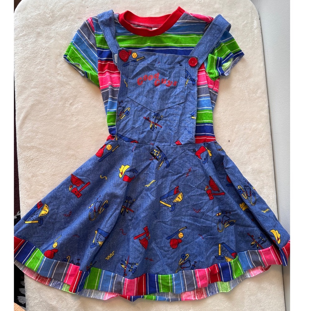Chucky Child's Play Good Guys Overall Dress Costume Striped Blue Medium